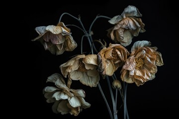 Dried wilted flowers on a dark background, old, lifeless, and fragile petals, close-up view of dead blossoms, delicate texture, natural beauty, life cycle, impermanence, fleeting nature.