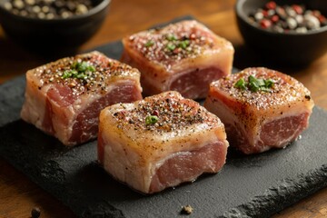Four seasoned meat cubes on a black slate plate