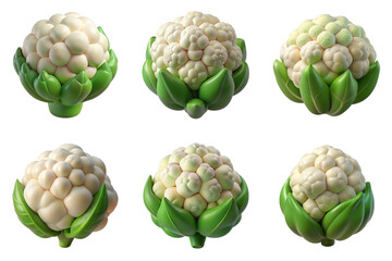 Fototapeta premium PNG cauliflower 3d collection, in cartoon style minimal on transparent, white background, isolate 