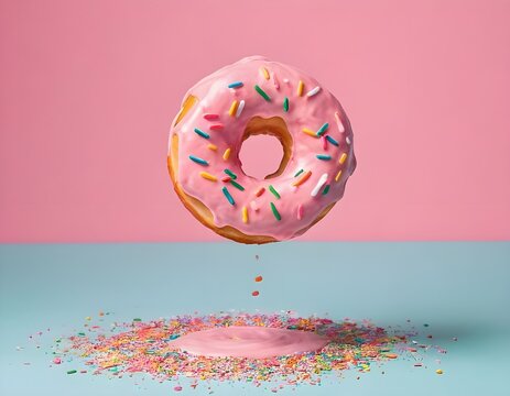 food template. Pink frosting donut doughnut floating flying with dropping colourful sprinkles