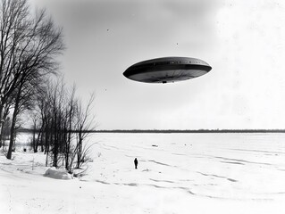 Naklejka premium A mysterious flying saucer hovers over a snowy landscape near bare trees and a lone figure in the distance during winter. Fake UFO sighting. Vintage photo.