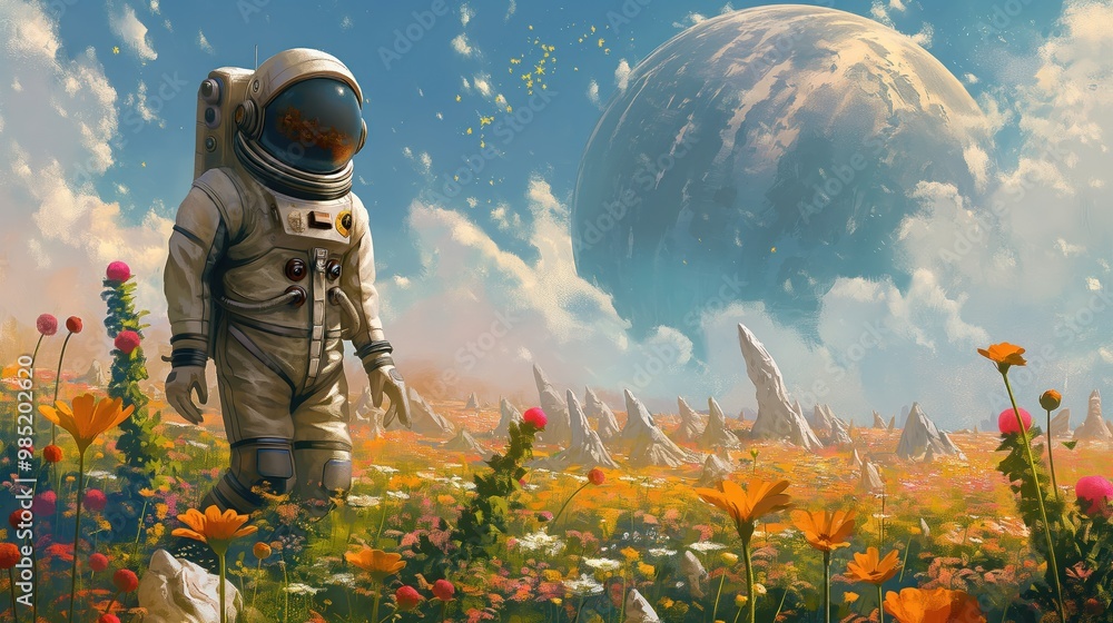 Aufkleber astronaut stands in field of vibrant flowers on distant alien planet. astronaut spacesuit blends wit