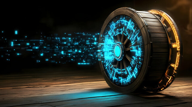 Futuristic Wooden Wheel with Glowing Blue Circuitry - 3D Illustration