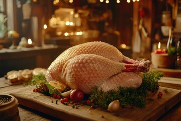 Raw Turkey with Herbs and Spices Ready for Roasting