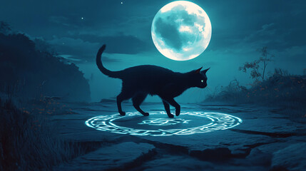 A black cat walking across a glowing rune circle under a full moon, casting long shadows.