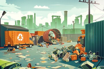 Circular economy concept illustration. Circle represents infinite loop of reuse, recycling, sustainable energy. Business, industry, technology work together to reduce waste, pollution. Green,