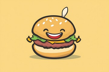 Cute Cartoon Happy Hamburger with Smiling Face, Perfect for Food Illustration and Branding