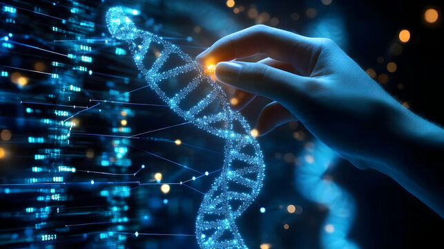 3D Illustration of DNA Double Helix with Hand Reaching Out