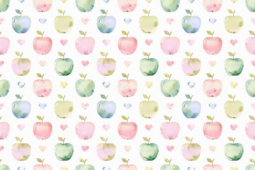 水彩画りんごとハートのシームレスパターン背景