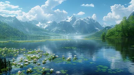 Naklejka premium Serene Mountain Lake with Water Lilies