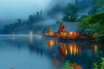 Fototapeta premium Lakeside cabins illuminated in misty forest.