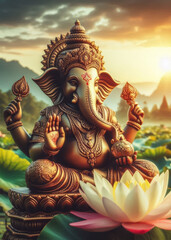 Fototapeta premium Statue of god Ganesh on nature background with lotus flowers pond on natural magical background.