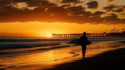 Fototapeta premium Young adult man walks along San Clemente beach at sunset. Orange hues on horizon. Guy approaches ocean waves. Surfing hobbyist in calm water. Man enjoys beach lifestyle on west coast. California