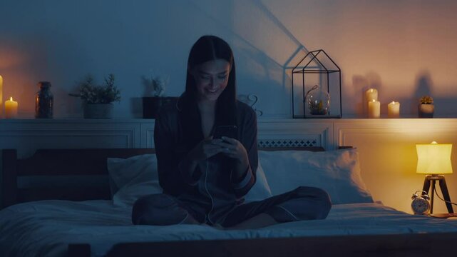 Young woman reading love message on cellphone, texting with boyfriend before going to sleep, sitting on bed