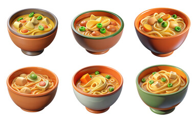 PNG bowl of Chicken Noodle Soup 3d collection, in cartoon style minimal on transparent, white background, isolate
