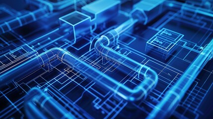 Blue glowing pipes on a blueprint background