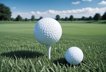 Obraz premium A white golf ball on a tee with a golf club head in the foreground, set against a blurred green grass field and blue sky background