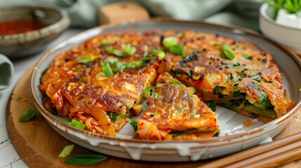 Close-up of Kimchi Pancake with Scallions and Sesame Seeds