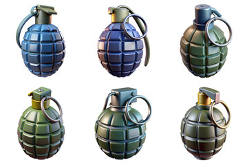 PNG grenade 3d collection, in cartoon style minimal on transparent, white background, isolate
