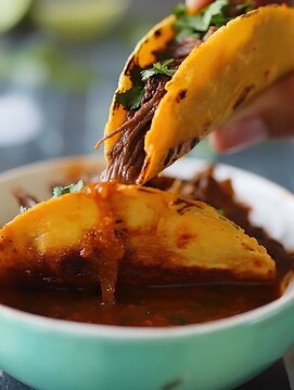 Close-up of a juicy birria taco being dipped into a rich, savory consome. Crunchy taco shell, tender meat, and a flavorful sauce blend together in a delicious Mexican dish.