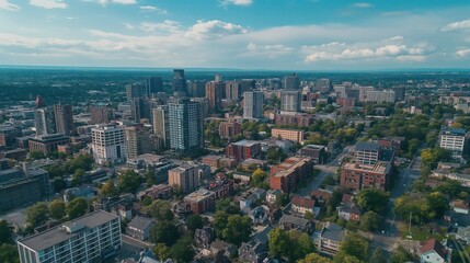 Fototapeta premium Aerial cityscape of Hamilton, Ontario. Tall buildings, skyscrapers dominate landscape. Urban architecture, residential areas blend together. Downtown area with highway, road network. Lake Ontario