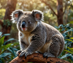 Naklejka premium a koala playfully perched on a branch in a radiant, lush mountain landscape