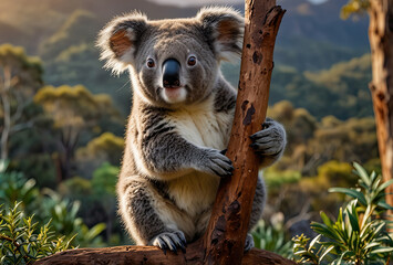 Obraz premium a koala playfully perched on a branch in a radiant, lush mountain landscape