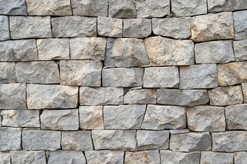 Close-up of granite stone wall texture with stacked blocks, rough surface, natural pattern. Beige...