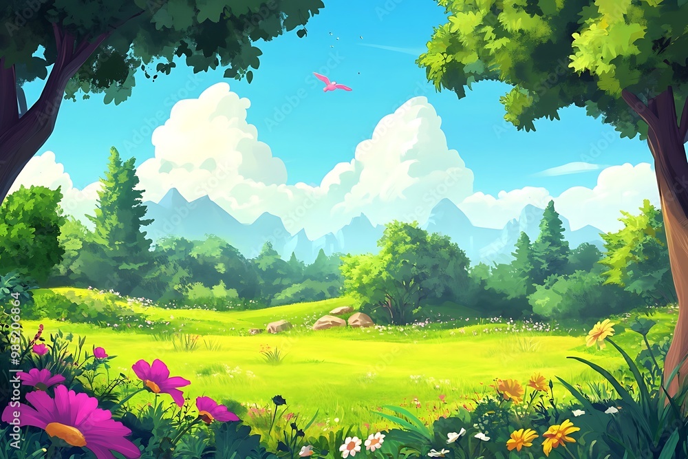 Wall mural Beautiful cartoon landscape with green fields, flowers, trees, mountains, and blue sky. Nature background.