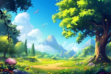 Obraz premium Cartoon landscape illustration of a grassy meadow with a path leading to a mountain range