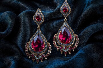 Fototapeta premium Pair of Golden Earrings with Large Red Gemstones and Smaller Blue Gemstones