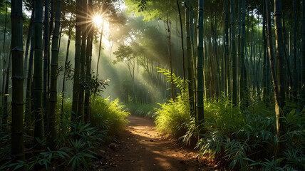 Obraz premium a serene and intimate scene unfolds as a dense bamboo forest is illuminated by warm sunlight filtering through the gaps