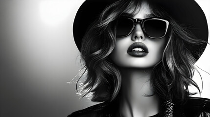 Fototapeta premium Black and White Fashion Portrait of Woman Wearing Sunglasses and a Hat