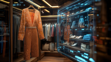 a photostock image of a stylish jumpsuit displayed in augmented reality, with fabric details, color options, and customization features in a virtual fitting room