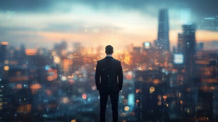 Vision of success  abstract businessman overlooking a blurred cityscape of financial opportunities