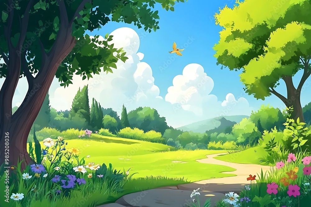 Wall mural sunny meadow with lush greenery, flowers, and a winding path, perfect for spring or summer nature ba