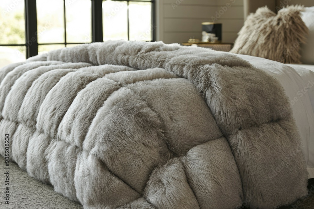 Sticker Close-up of a Gray Plush Fur Blanket on a Bed