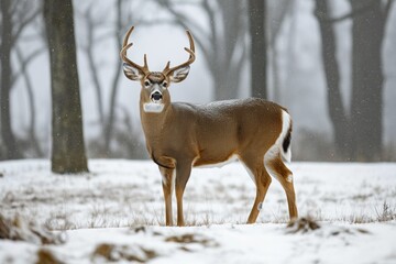 Whitetail deer stands in winter forest. Majestic cervid coat glistens in pristine snow. Animal antlers visible amidst woodland. Serene wilderness scene winter landscape. Nature beauty in frozen