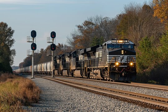 Vintage cargo train moves through forest near old railroad station. Container cargo on tracks, CPL signals in background. Freight transportation, industry, and nature blend.
