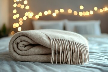 Rolled Beige Blanket with Fringes on a Grey Bed with Blurred String Lights