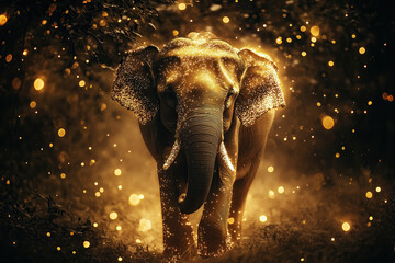 Victory of light over darkness concept. Gold Indian elephant with golden glow walking among lights, stars on black background. Ganesh Chaturthi, Diwali. Elephant festival in India, Asia. © Augustino