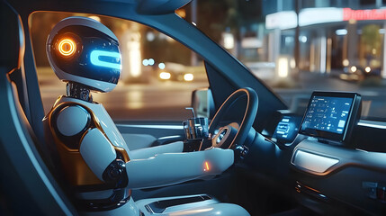 Robot Driving a Car at Night 3D Illustration