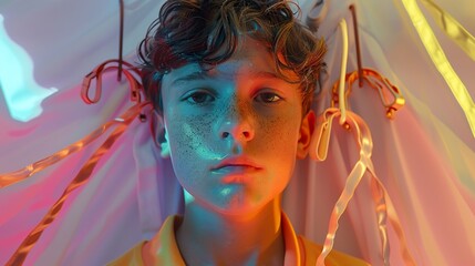 Close-up Portrait of a Young Boy with Colorful Lighting