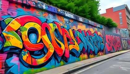 Vibrant street art on an urban graffiti wall showcasing creativity through bold strokes and...