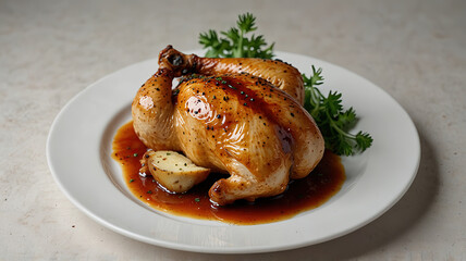 a chicken on plate front white background