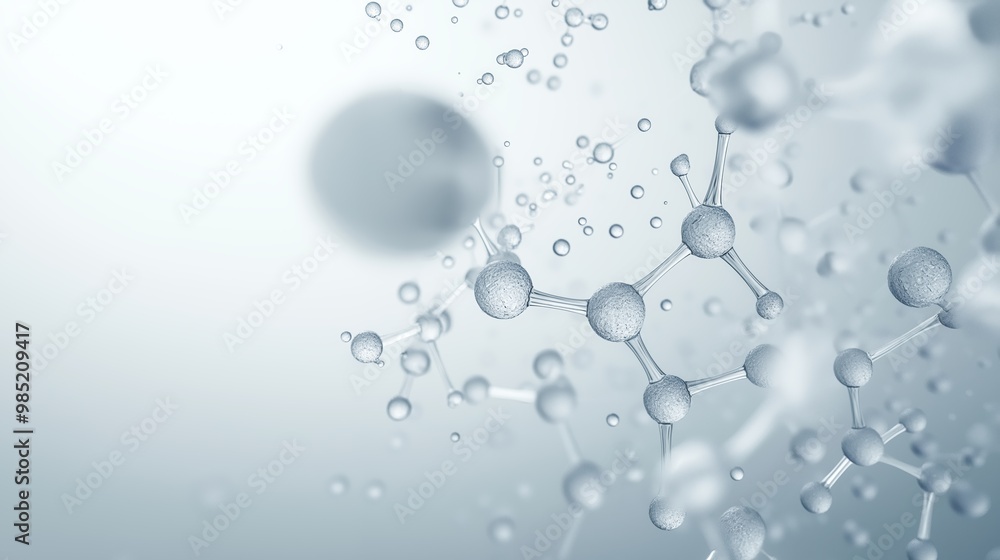 Poster 3d illustration of a molecule structure with spherical atoms connected by bonds on a gradient backgr