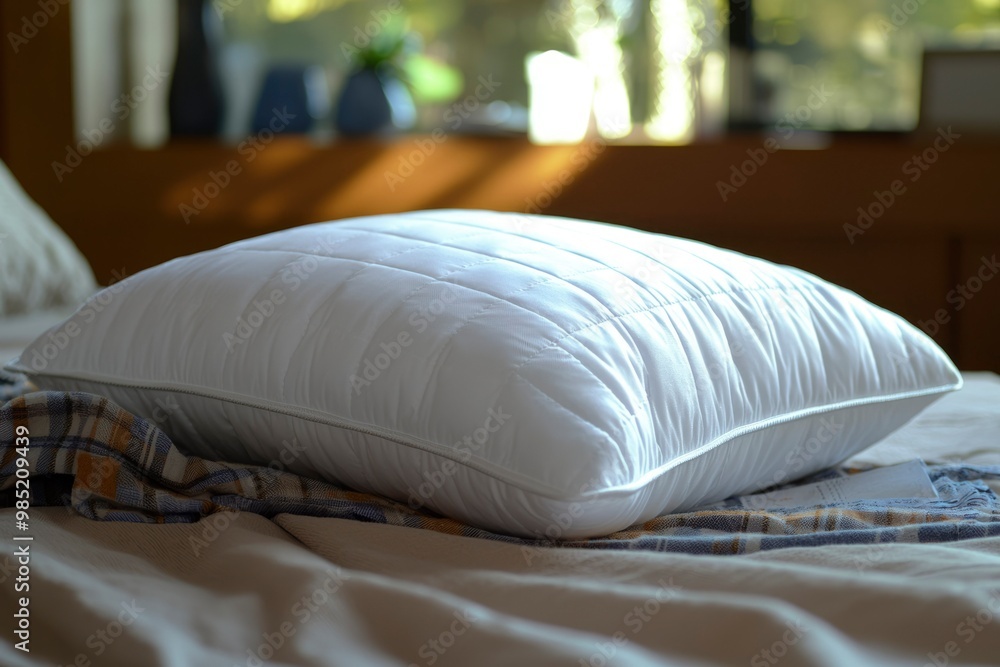 Poster a white pillow on a bed with a plaid blanket