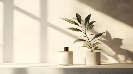 Minimalist Product Mockup with Plant and Sunlight Illustration
