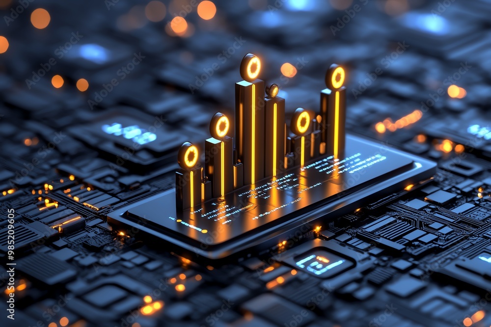 Poster business analytics growth graph, with a bold upward trend and glowing data points symbolizing succes