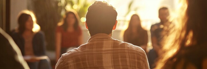 The back view of an attendee focused on a speaker.